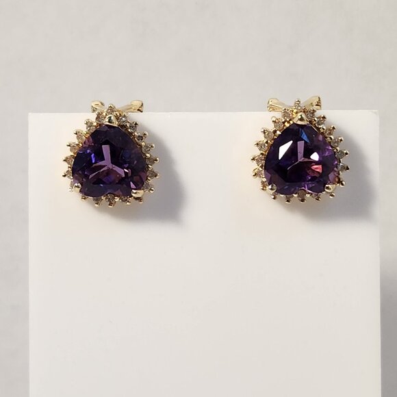 Vtg 80's 4.69g 14K Gold Natural Amethyst & Diamond Omega Back Earrings - Picture 15 of 15